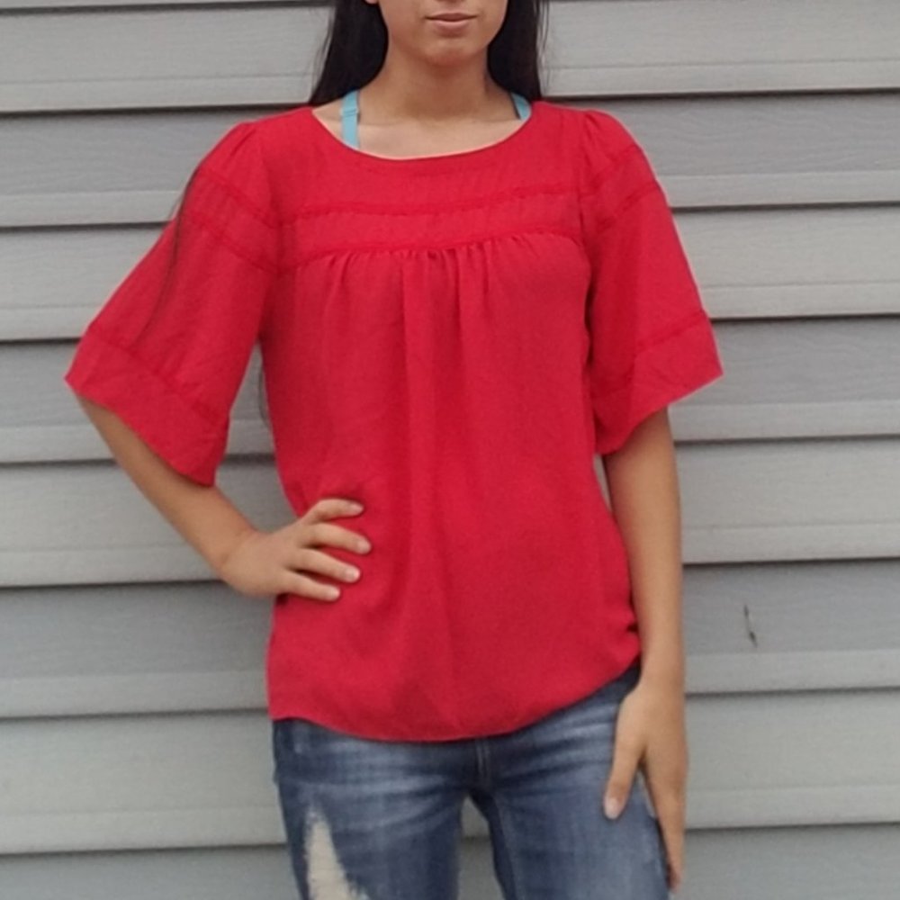 2/$30 LOFT Red Puff Sleeve Top Medium